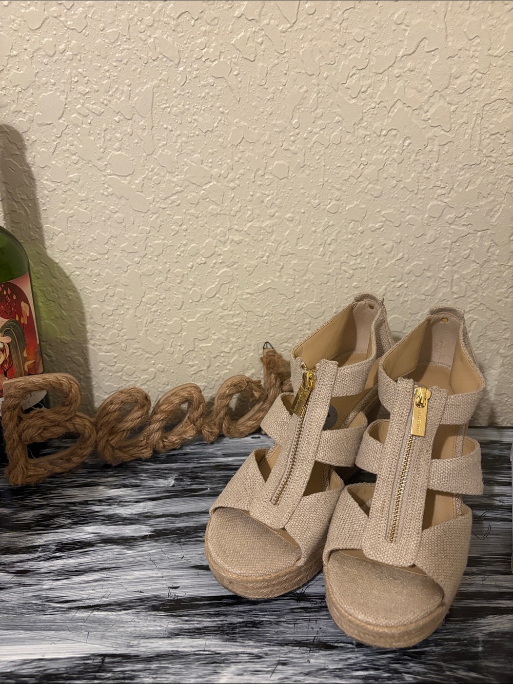 Michael Kors Beige Zip-Front Espadrille Wedge Sandals